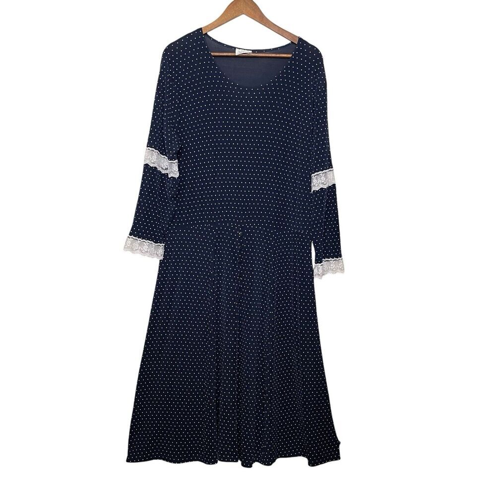 Jostar Womens Midi Dress M Navy Polka Dot Lace Trim Long Sleeve Modest USA